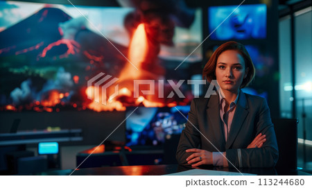 News Anchor Reporting on Volcanic Eruption 113244680