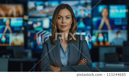 TV Live News Program: Professional Female Presenter Reporting on Current Events TV Live News Program: Professional Female Presenter Reporting on Current Events 113244685
