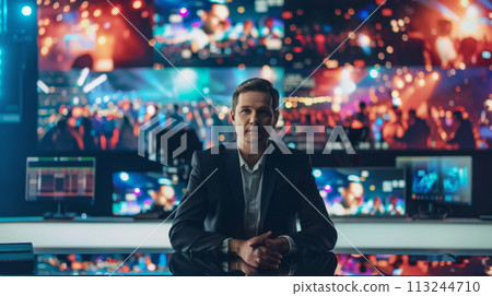 Confident News Anchor Preparing for Broadcast 113244710