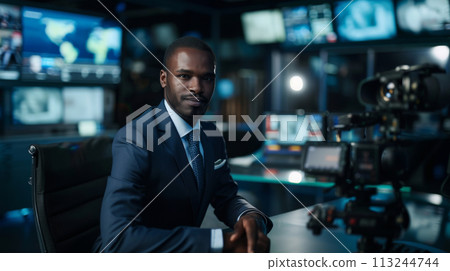 Serious News Anchor Ready for Evening Broadcast Serious News Anchor Ready for Evening Broadcast 113244744