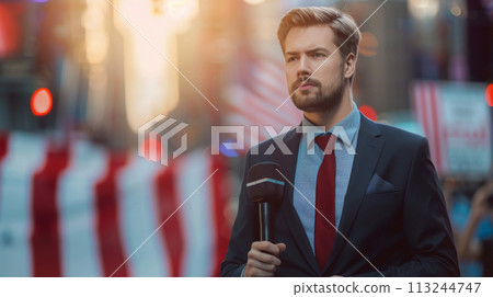 Male Reporter Preparing for Live Election Broadcast 113244747
