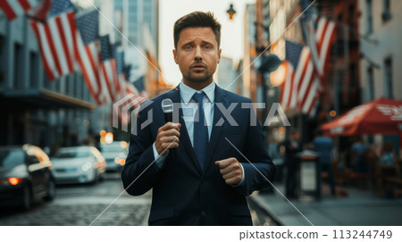 Male Reporter Preparing for Live Election Broadcast Male Reporter Preparing for Live Election Broadcast 113244749