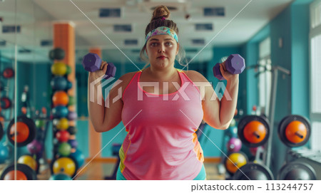 Curvy Woman Exercising with Dumbbells at Gym 113244757