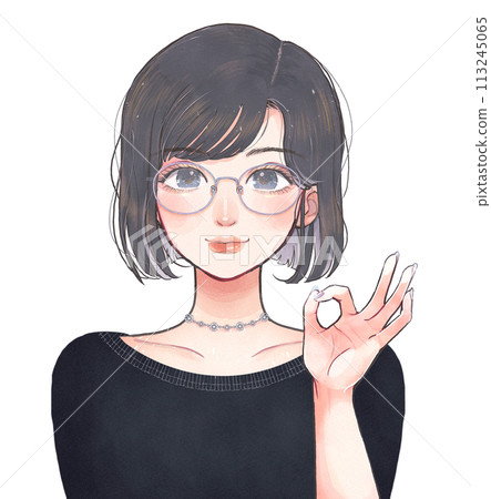 Manga-style woman wearing glasses giving an okay sign Manga-style woman wearing glasses giving an okay sign 113245065