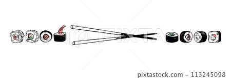 Vector horizontal banner of Japanese sushi set hand drawn doodle style isolated on white background 113245098