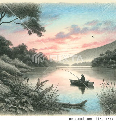 Boat floating on Lake Yamanaka at sunrise 113245355