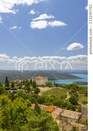 Typical Provencal town Aiguines with Lac de Sainte-Croix, Verdon Natural Park, Alpes-de-Haute-Provence, Provence, France 113245701