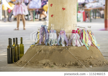 Detail of folk decoration on wine bottles, Rakvice, Southern Moravia, Czech Republic 113246015
