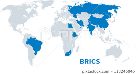 BRICS, with new member states as of 2024, political map. BRICS for Brazil, Russia, India, China and South Africa. Now known as BRICS plus with emerging market countries Egypt, Ethiopia, Iran, and UAE. 113246040