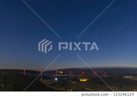 Multi-span cable stayed Millau Viaduct across gorge valley of Tarn River, Aveyron Departement, France 113246124