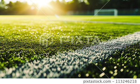 Close-up of grass on outdoor soccer practice field 113246218