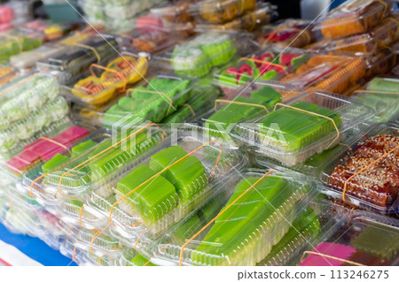 Close-up view of various types of foods and snacks selling at the Ramadan bazaar. 113246275
