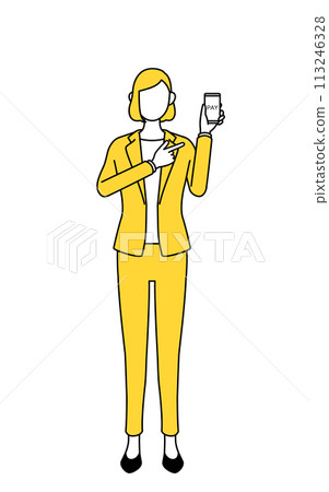 A simple line drawing illustration of a woman in a suit recommending cashless and online payment with a smartphone 113246328