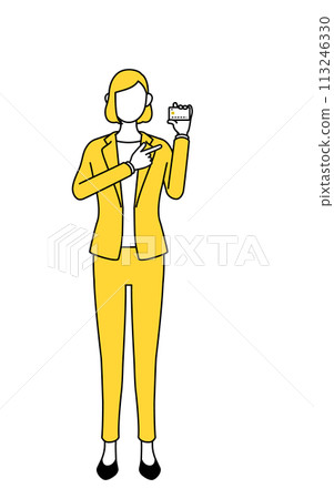 Simple line drawing illustration of a woman in a suit recommending credit card payment 113246330