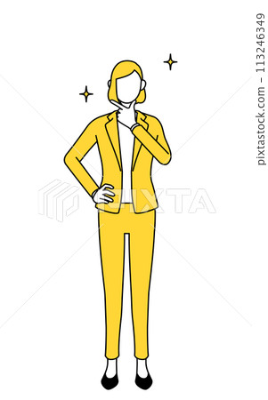 一個穿著西裝的女人擺出自信的房子的簡單線條畫插圖 113246349