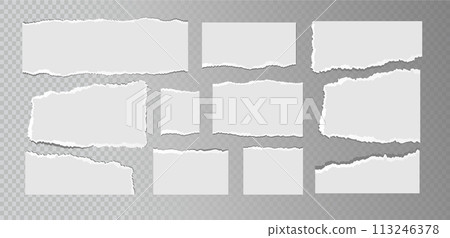 Realistic ripped white paper sheets isolated on transparent background. Torn blank pages with uneven texture. Vector Realistic ripped white paper sheets isolated on transparent background. Torn blank pages with uneven texture. Vector 113246378