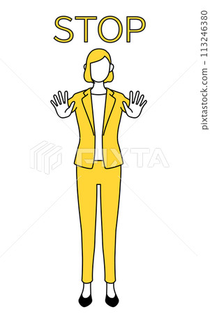 A simple line drawing illustration of a woman in a suit sticking out her hand in front of her body to signal a stop A simple line drawing illustration of a woman in a suit sticking out her hand in front of her body to signal a stop 113246380