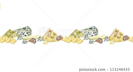 Cheese mix with figs and grapes seamless banner. Hand drawn watercolor food illustration with brie, camembert, gouda, fruits for menu, restaurant, product packing design 113246435