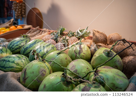 Close-up view of the various types of fruits  and vegetables for sale. 113246524
