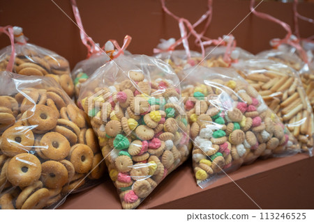 Various types of biscuits selling at the stall. Various types of biscuits selling at the stall. 113246525