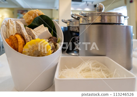 Close-up view of the mix vegetables hot pot meal. Close-up view of the mix vegetables hot pot meal. 113246526