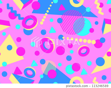 Geometric seamless pattern with 3D shapes in the style of the 80s and 90s. Isometric 3D shapes in Memphis style. Design of promotional products, wrapping paper and printing. Vector illustration 113246589