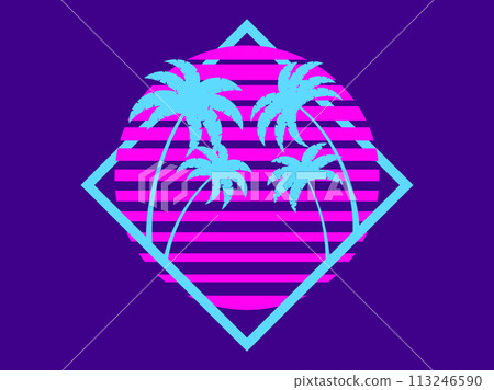 Retro sci-fi palm trees from the 80s at sunset in a square frame. Retro futuristic sun with palm trees. Synthwave and Retrowave style. Design of advertising banners and posters. Vector illustration 113246590