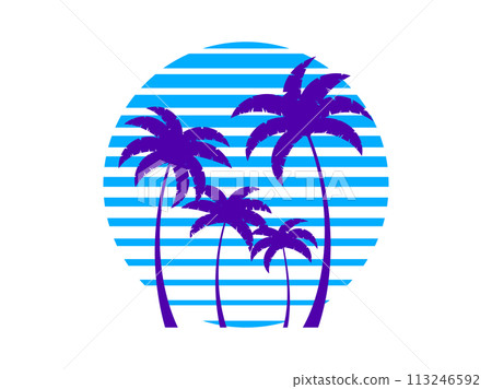 Outlines of palm trees and retro sun in 80s style isolated on white background. Tropical banner with palm trees for print advertising banners and posters. Vector illustration Outlines of palm trees and retro sun in 80s style isolated on white background. Tropical banner with palm trees for print advertising banners and posters. Vector illustration 113246592