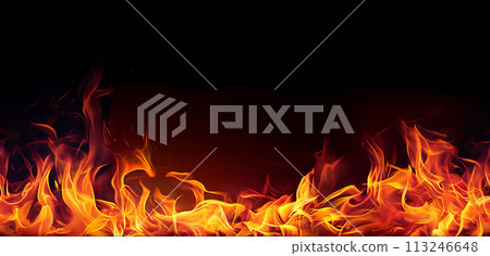 Intense red and yellow fire flames create a Seamless border on a black background. 113246648