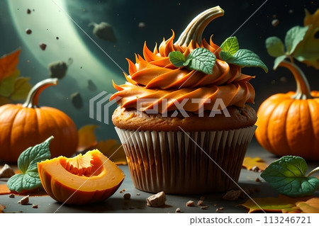 pumpkin cream cupcake decorated for Halloween. 113246721