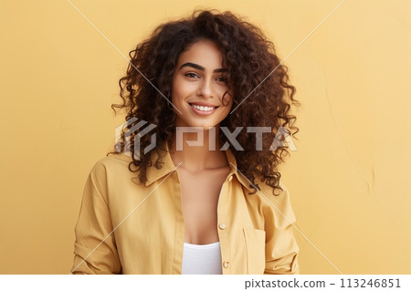 A woman with curly hair is smiling and wearing a yellow shirt 113246851