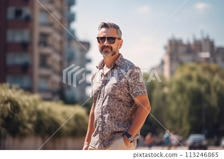 A man wearing a shirt with a pattern on it is standing on a sidewalk in front of 113246865