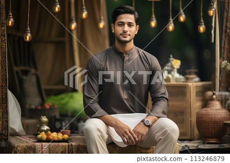 A man is sitting on a bench with a watch on his wrist 113246879