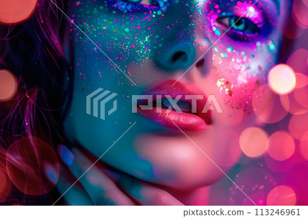 A woman with colorful makeup on her face, including pink lips A woman with colorful makeup on her face, including pink lips 113246961