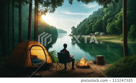 男子在單人營地放鬆 113247385