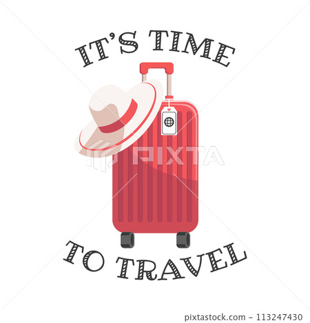 Time to travel calligraphy with travel suitcase and summer hat. Vacation and travel concept. Illustration. Vector Time to travel calligraphy with travel suitcase and summer hat. Vacation and travel concept. Illustration. Vector 113247430