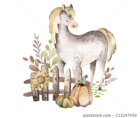 Watercolor cartoon horse.Cute pony stands near a fence with pumpkins.Stallion posing on a white background. Children hand drawn illustration of livestock. Pet in nature with harvest and sunflower. 113247450