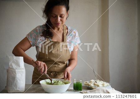 Pleasant housewife kneading dough with wooden spoon in the rustic kitchen. Female chef pastry in beige kitchen apron mixing ingredients in the bowl, preparing dough for dumplings with mashed potato 113247601