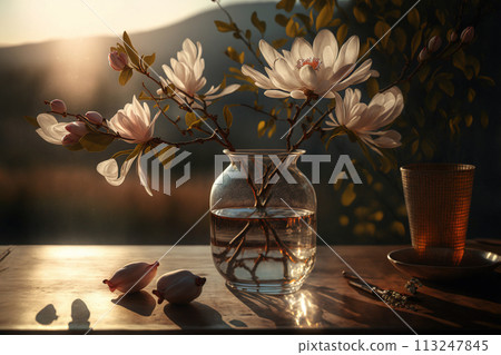 pink magnolia blooms 113247845