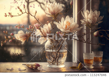 pink magnolia blooms 113247846