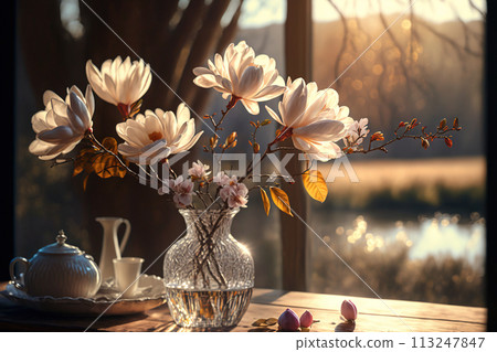 pink magnolia blooms 113247847