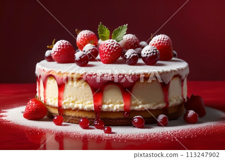 cottage cheese pie with ripe red currants in a plate isolated on a red background 113247902