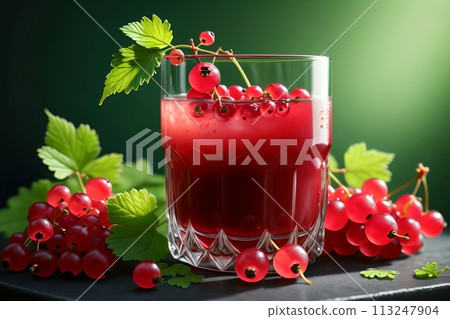 juice from ripe red currants in a glass isolated on a green background 113247904