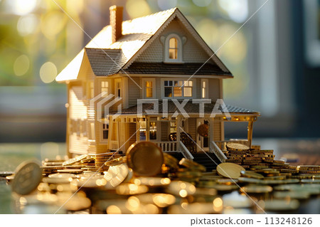 AI Generated model house with pile of golden coins. 113248126