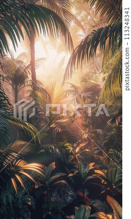 Illustration of a wild tropical jungle in bright colors, the rays of the bright sun penetrate through the palm trees and plants Illustration of a wild tropical jungle in bright colors, the rays of the bright sun penetrate through the palm trees and plants 113248341