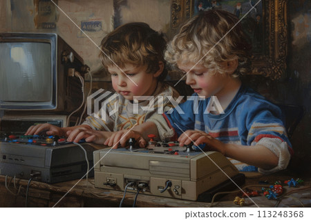 Children play computer games on TV using a game console, a child with a game console in his hands 113248368