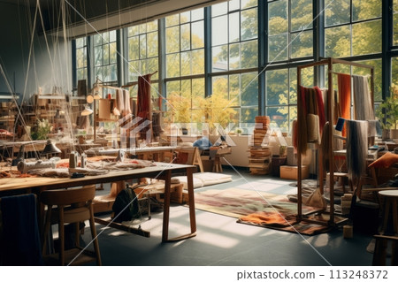 Knitting sewing workshop with sewing machines and knitting machines, sewing knitted clothes 113248372