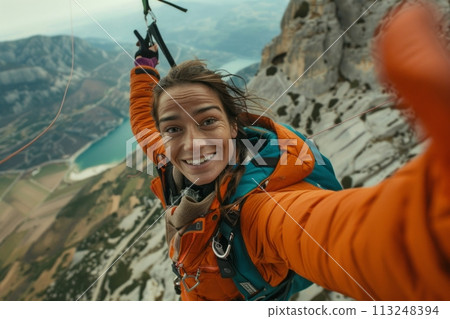 Happy paragliders flying on a paraglider, experienced pilots smiling at the camera 113248394