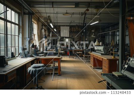 Knitting sewing workshop with sewing machines and knitting machines, sewing knitted clothes 113248433