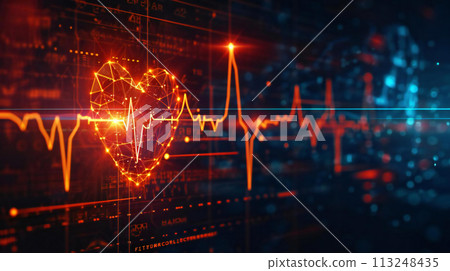 AI code and heartbeat line. AI for real-time monitoring and management of heart health. AI technology for cardiac care AI code and heartbeat line. AI for real-time monitoring and management of heart health. AI technology for cardiac care 113248435